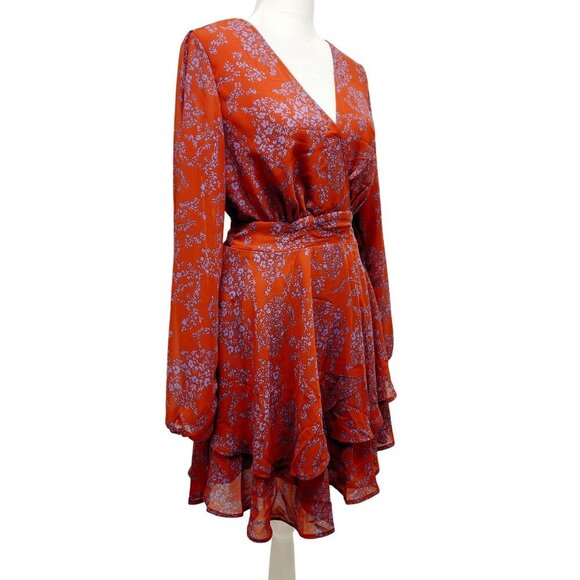 Red Floral Ruffle Hem Wrap Dress  Long Sleeves & Tie Waist By Dokotoo Size S - Picture 2 of 11